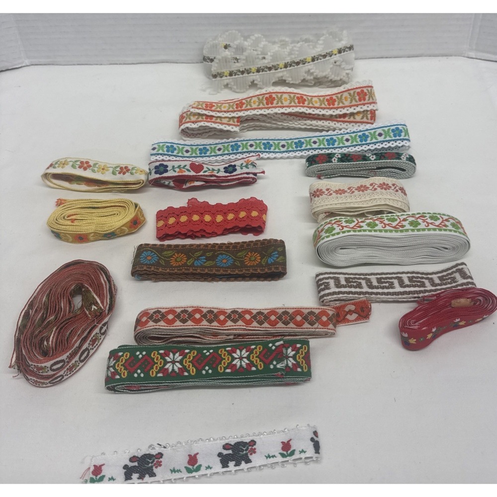 Lot of Vintage Embroidered Ribbon Trim Multi Color Jacquard(?) Sewing Crafts